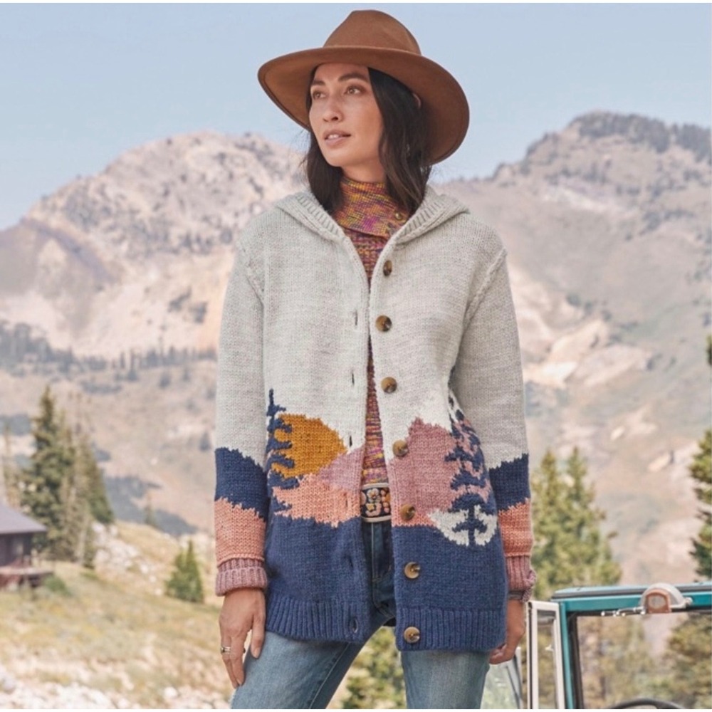 Sundance Mountain Sunset Hooded Cardigan Grey Blue Pink Intarsia XXL